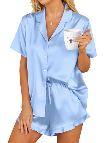 Image of HOTOUCH Womens Satin Pajamas Set Button Down 2 Piece Silk Pjs Shorts Set Ruffle Lingerie Notch Collar Sleepwear