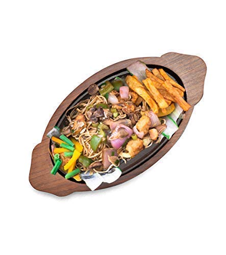 Image of REMARKABLE Iron Sizzler Plate with Wooden Base | Dessert Ovel Serving Platter with Handles | Brownie Sizzler Tray for Cake | Sizzling Brownie Plate | Hot Sizzling Plate | 13 inch | Set of 3