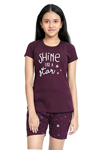 Image of Kids Night Suit for Girls - Cotton Set of Pyjama & T-Shirt Sleepwear - Lightweight & Comfortable Night Wear for Kids