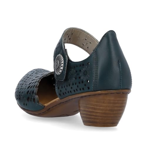 Image of Rieker 43753 Mirjam Women's Mary Jane Heels - Low-Heel Leather Shoes with Adjustable Ankle Strap & Laser-Cut Design - Comfortable Women's Heels for Casual & Dressy Wear