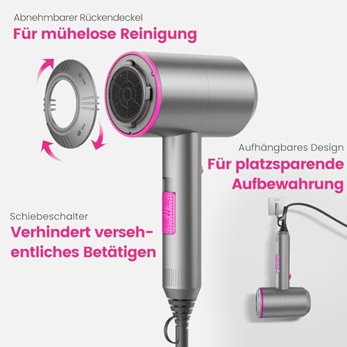 Ionen Föhn Haartrockner AC-Motor Haartrockner, Dekuri Schnelltrocknender Hair Dryer, Fön mit 3 Temperaturstufen, 2 Gebläsestufen, 3 Stylingdüsen & Diffusor (Grau) 2