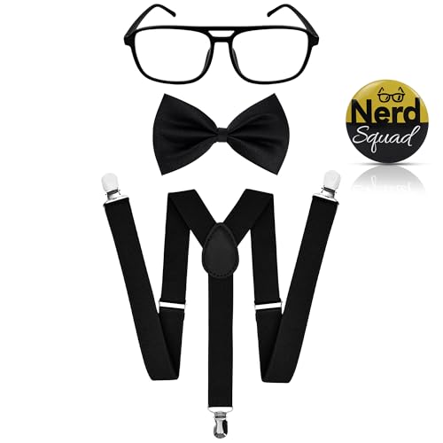 Yezmo 4 PCS Nerd Costume Accessories Nerd Costume Set with Black Suspenders Bow Tie Glasses Badge for Men Women for Cosplay