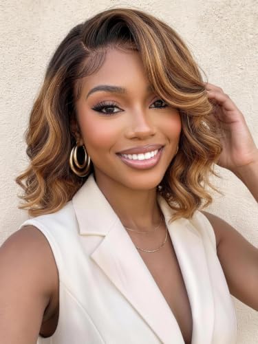 Image of KLAIYI Pre Everything13x4 Lace Front Glueless Bob Loose Body Wave Wig Human Hair Drawstring Ombre Brown Bye Bye Slip Pre Plucked Bleached Knots Ready to Wear and Go Wig with Face Framing Bang 10Inch
