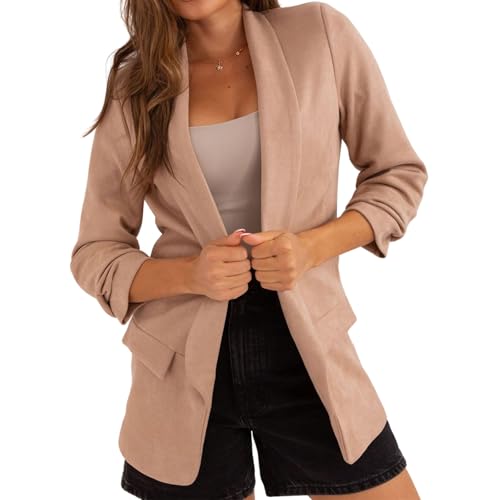 Womens Faux Suede Blazers Dressy Lapel Open Front Suit Jacket Lightweight 3/4 Sleeve Button Down Work Office Blazer