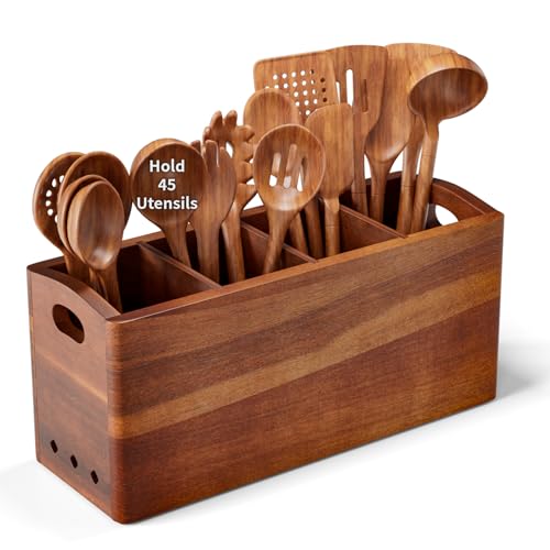 PrimZooty Natural Acacia Wood Utensil Holder for Kitchen Counter (X-Large), 4 Compartment with Removable Dividers 15.7"x7.2"x5.04", Extra Large Cooking Utensil Organizer - Anti-Scratch Bottom