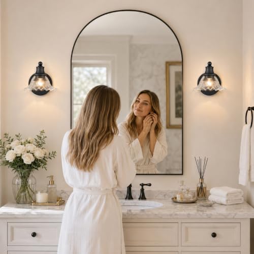 Image of Matte Black Bathroom Wall Sconce Vintage Style, E26 Easy Mounted | Vanity Light with Flower Glass Shade, Bathroom Wall Lighting Fixture Beside Mirror, Easy Mounted for Bedroom, Hallway