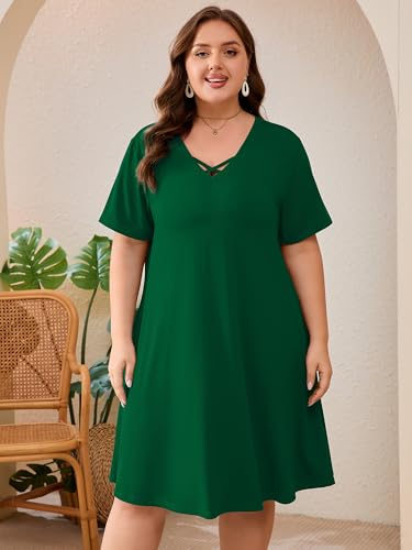 Image of AusLook Plus Size Midi Dress for Women Short Sleeve V Neck Criss Cross A Line Summer Casual Vacation Sundresses with Pockets