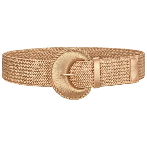 XZQTIVE Women's Woven Elastic Waist Belts Wide Stretchy Boho Belt for Summer Western Dresses with Big Braided Round Buckle