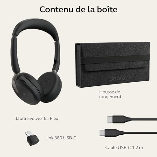 Jabra Evolve2 65 Flex, Casque Bluetooth sans Fil, avec Technologie à réduction de Bruit ClearVoice et ANC Hybride, Design Léger, Adaptateur USB-C, 20h Autonomie, Certifié MS Teams, Noir