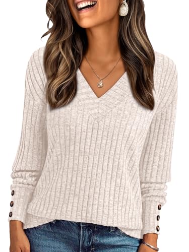 AUTOMET Womens V Neck Decorative Buttons Long Sleeve Shirt Fall S...