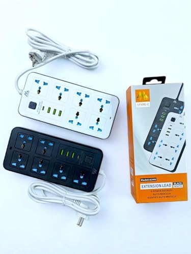 مشترك كهرباء و سلك تمديد عالمي من الاستاذ مع 6 مقابس طاقة و3 فتحات USB و فتحة TYPE-C بطول 2 متر، شريط طاقة رباعي الاتجاهات مع فتحة شحن USB نوع C بي دي، وصلة تمديد - ابيض 2 متر