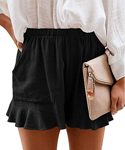 Dilgul Shorts for Women Elastic High Waisted Striped Summer Shorts Ruffle Hem with Pockets Black-M