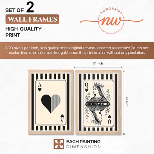 Image of NoWorries Ace & Queen of Hearts Playing Card Wall Art Set of 2, Black and White Casino Decor, Framed Poker Room Wall Decor, Minimalist Playing Card Prints, Modern Game Room Artwork for Living Room (Art-13, 17x25inch)