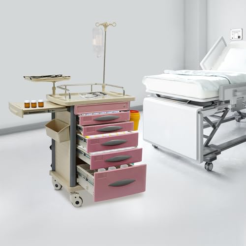 LOHISHILO Medical Rolling Crash Cart with Accessories-CPR Board, 2 Trash Bin, Drawers with Dividers, Mobile Medical Cart for Clinic, Hospital, Nursing Center, Salon, 29.53 * 18.7 * 37.4in Pink - Thumbnail 4