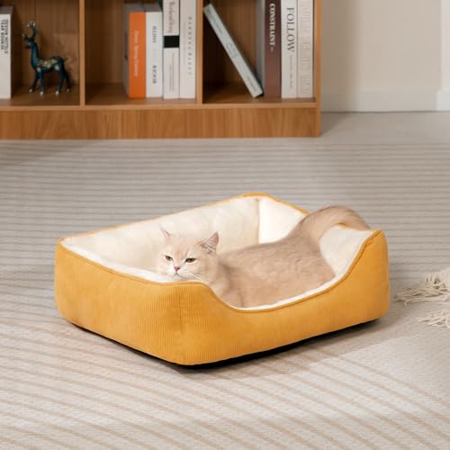 Hollypet Katzenbett Kleines Hundebett Haustierbett für Katzen und Welpen, Weiches Haustierschlafbett Atmungsaktives Haustierkissen, Gelb (55 * 45 * 15cm)