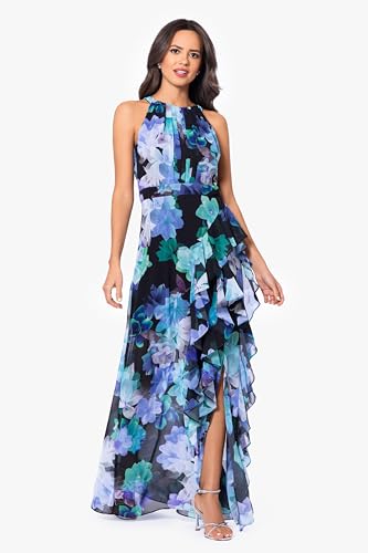 Image of Betsy & Adam Women's Elegant Long Chiffon Floral Dress with Ruffle Detail and Tie Neck, Black /Teal, 8