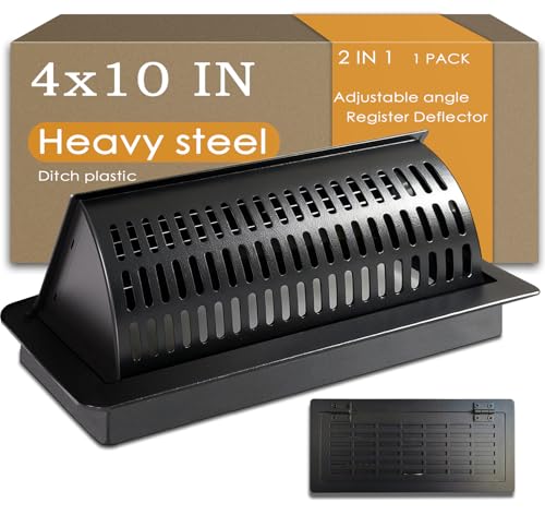 4x10 Floor Register with Vent Deflector, Heavy Duty Steel 2-in-1 Air Vent Cover, Adjustable Draft-Free Airflow, Tool-Free Drop-in Installation, Black