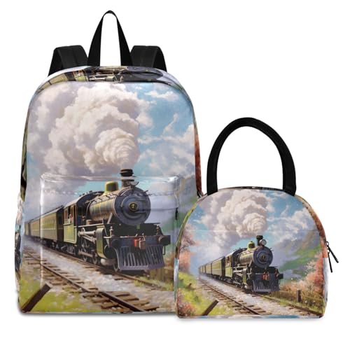 Backpack Lunch Box Set Large Capacity Travel Backpacks and Insulated Lunch Bag for Commute Hiking Picnic Spring Train Print