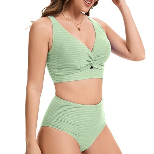 Women's High Waist Bikini Set Twist Front Textured Swimsuits Two Piece Bathing Suit Summer Beach Resort Swimwear3