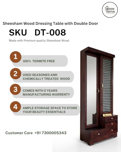 Image of Wood Vestal Sheesham Wood Dressing Table with Double Door | Wooden Dressing Table | Sheesham Wood | Bedroom Furniture, Walnut Finish | DD - D