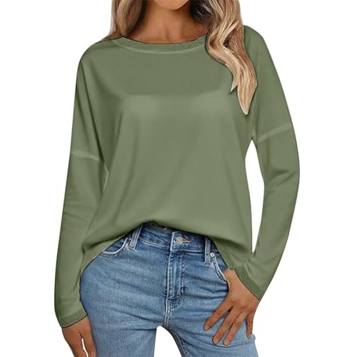 Langärmeliges Oberteil für Damen, Rundhalsausschnitt, leicht, lässig, Basic-T-Shirt, klassisch, einfarbig, lockere Passform, salbeigrün, L Langärmeliges Oberteil für Damen, Rundhalsausschnitt, leicht, lässig, Basic-T-Shirt, klassisch, einfarbig, lockere Passform, salbeigrün, L