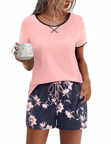 Image of Ekouaer Women Pajama Set Casual Shorts Sets Short Leeve Lounge Set | Soft Sleepwear Top and Shorts for Daily Wear, Home, Party for Mom, Wife