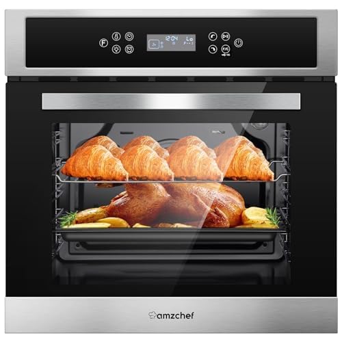 AMZCHEF Single Wall Oven 24' Built-in Electric Ovens with 11 Functions, 8 Automatic Recipes, 2800W, 240V, 2.5Cu.f Convection Wall Oven in Stainless Steel, Touch Control, Timer, Safety Lock,Upgraded