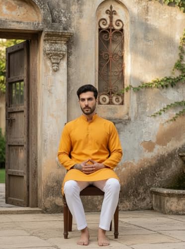 Image of Men's Cotton Blend Blend Knee Length Solid Color Style Stright Long Mandrin Collor Ethnic Casual Wear Kurta Only