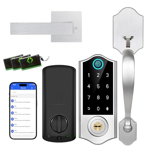 Harfo Cerradura de puerta inteligente con huellas dactilares para puerta delantera con juego de manija, control de aplicación, cerradura de puerta de entrada sin llave, cerrojo de teclado, pantalla