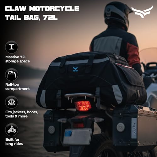 Image of Xtrim 72L Claw Motorcycle Tail Bag with Carry Straps, 100% Waterproof with Inner Liner, Rear Riding Bag with MOLLE Loops, One Side Pocket & Mesh Pocket Inside, Reflective Panels, 4-Point Mounting