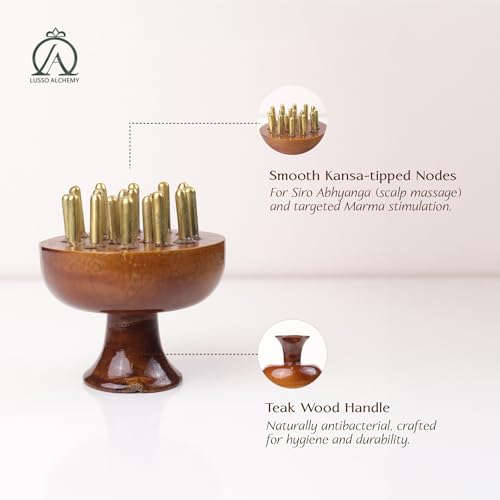 Image of Lusso Kansa Head Scalp Massager & Body Stimulator | Bronze Head Massager Tool for Natural Hair Growth, Stress Relief & Detox | Handmade Kansa wand Massage Tool with Wooden Handle (Natural)