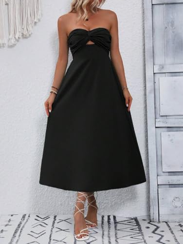 Image of SKAYS Womens Strapless Twist Knot Midi Dress Cutout A-line Tube Summer Cocktail Party Dress with Back Smock