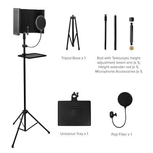 Image of Kadence MSTD801 Touring Series Mic Stand with 5-Panel Isolation Shield, Pop Filter & Tripod Base | Adjustable Height & Foldable Design | For Studio, Podcast & Voiceover Use | Black