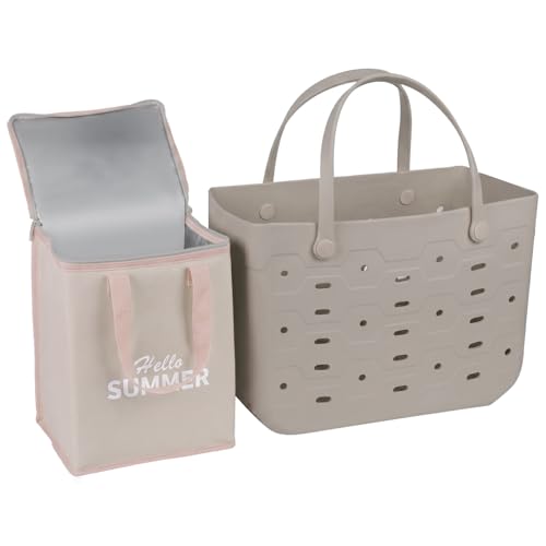 PoVwlty Rubber Beach Bag with Insulated Cooler Waterproof Tote for Summer(DUSKY KHAKI Medium)