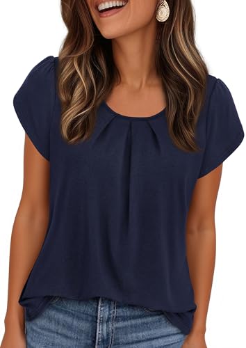 PRETTYGARDEN Womens Tops Dressy Casual Summer 2026 Short Sleeve Blouses Crew Neck Pleated Basic T Shirts Spring Clothes (Navy Blue,Large)