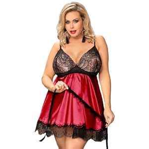 ohyeahlady Nuisette Sexy Femme Grande Taille Chemise de Nuit Satin Dentelle Robe de Nuit Bretelle Ete Robe de Chambre avec Bandeau