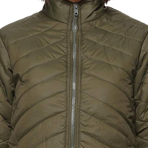 Image of Campus Sutra Women's Olive Green Quilted Puffer Jacket With Zip Closure For Casual Wear | Hooded Neck | Long Sleeve | Zipper Closure | Polyester Jacket Crafted With Comfort Fit For Everyday Wear