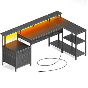 Schreibtisch L Form mit Schubladen, reversibler Gaming Tisch mit Steckdose, LED & Monitorständer 163 cm Computertisch für Büro Arbeitszimmer Schlafzimmer
