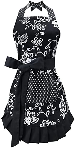 G2PLUS Apron for Women with Pockets, Extra Long Ties,Floral Apron, Perfect for Kitchen Cooking, Baking and Gardening, 29 x 21 - inch (Black)