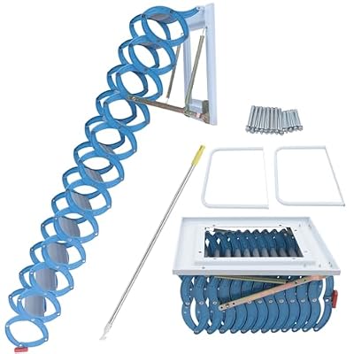 Attic Ladder Retractable Loft Stairs Pull Down Step Ladder with Armrests Wall Mounted Folding Stairs Large Load Capacity 880lbs Installation Height 9.5ft to 10ft