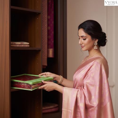 Image of Premium Saree covers for storage Pack of 6 Saree covers with zip transparent Saree bags Sequin Design Cloth organizer Cloth covers for packing Wardrobe organizer Saree pouch (Green, Pack of 6)
