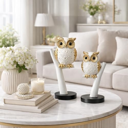 Image of Xtore 2 pc Decorative Owl Handicraft Figurine with Metallic Gold Accents for Home & Office Decor - Pack of 2