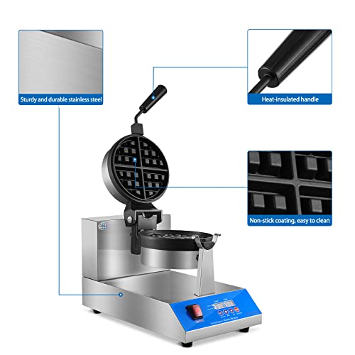 Rotating Belgian Waffle Maker, Belgium Waffles Iron Machine, Commercial Grade, Professional Intelligent, Digital, Non Stick, Stainless, For Hotel Restaurant Bakery Coffee Shop, Heavy Duty