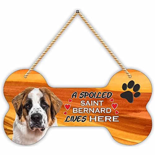 Image of CVANU Laser Cut MDF Wooden Pet Dog Sign Plaque Bone Design A Spoiled Saint Bernard Lives Here Animal Love Sign Board, Name Plate for Dog House Golden & White, Size(10x5) inch