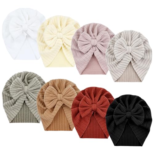 Image of Dizila 8 Pieces Baby Turban Hats with Big Bow Newborn Caps Beanies Bonnets Headwraps for Baby Girls Boys Infants Toddlers