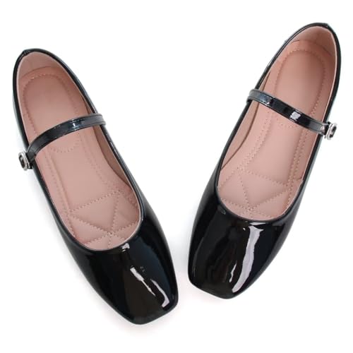 Stunner Ballet Flats for Women Women's Mary Jane Shoes Square Toe Casual Flats Comfortable Buckle Strap Flat Shoes Black 39(7.5) 23