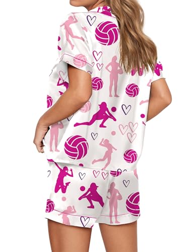 SHESHOW Pajamas for Women Set Satin Button Down Short Sleeve Top and Shorts Pjs Sets Sport Ball Print Sleepwear XS-XXL3