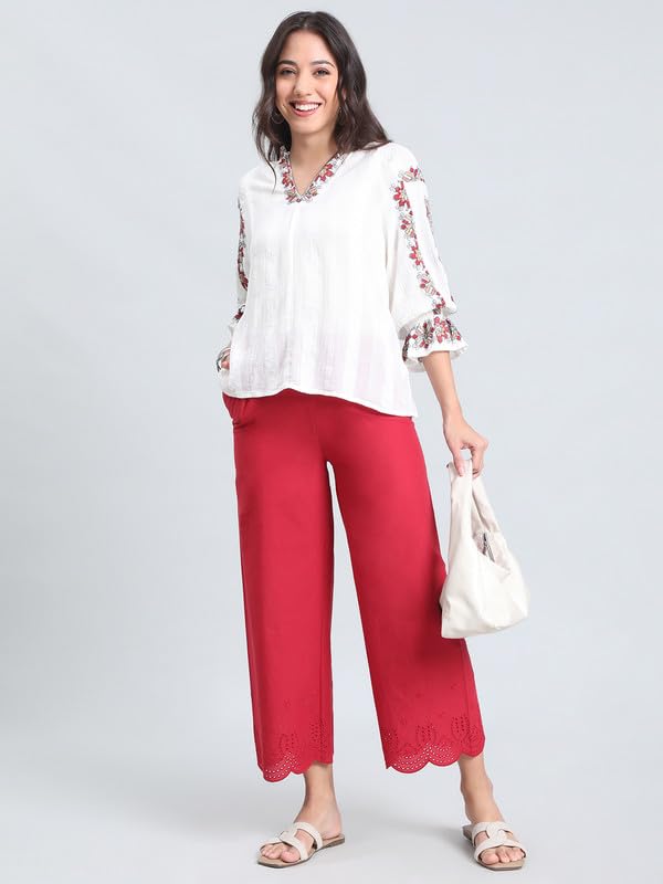 Image of GO COLORS Women's Cotton Hakoba Palazzo | Ankle Length, Schiffli Embroidery, Relaxed Fit, Mid-Rise with Side Pocket