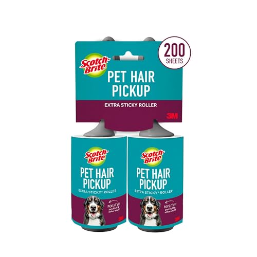 Scotch-Brite Pet Hair Pickup Extra Sticky Lint Roller Designed for Removing Fur + Fluff on Couches Clothes Dog and Cat Beds & More 2 Pack 200 Easy-Tear Adhesive Sheets Total