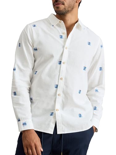 White Stuff Chemise à Manches Longues pour Homme Finsbury, imprimé Poisson – Motif intégral – Blanc PR – Taille M